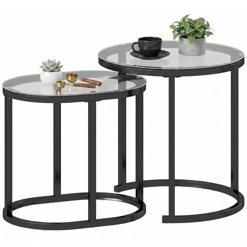 HOMCOM Nest of Tables with Steel Frame and Tempered Glass Tabletop, Modern Coffee Table Set of 2, Black