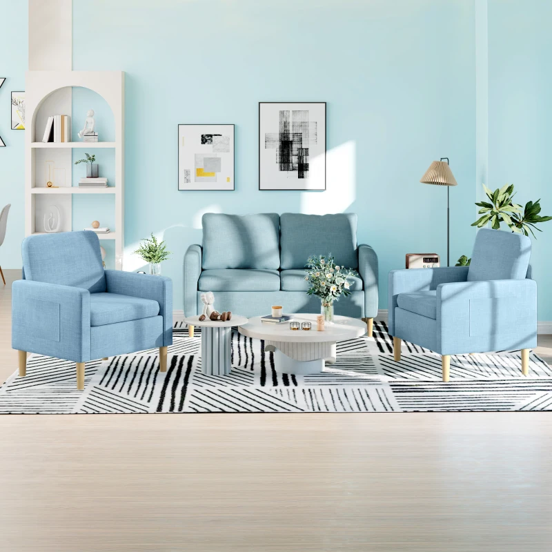 HOMCOM Sofá de 2 Plazas Tapizado en Poliéster con 2 Bolsillos Laterales Reposabrazos y Patas de Madera 143x76x83 cm Azul Claro