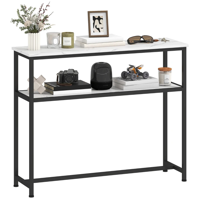 HOMCOM Mesa Consola Moderna Consola Estreita com Superfície com Efeito Mármore Prateleira Aberta e Estrutura de Metal 100x30x81 cm Branco