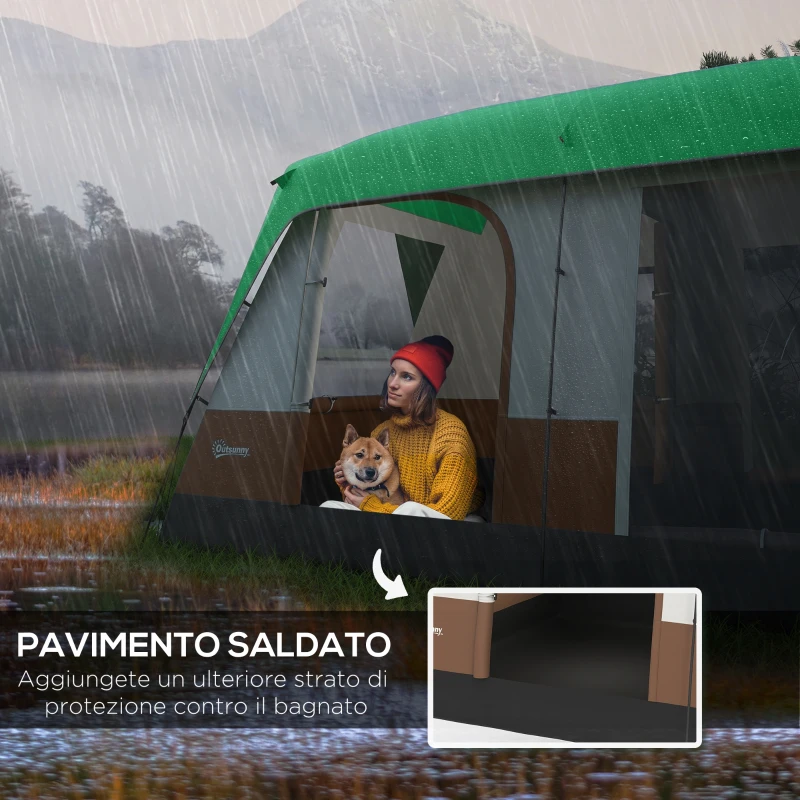 Outsunny Tenda da Campeggio 4 Posti a Tunnel Impermeabile con Finestre a Rete, in Poliestere, 490x305x225 cm, Verde