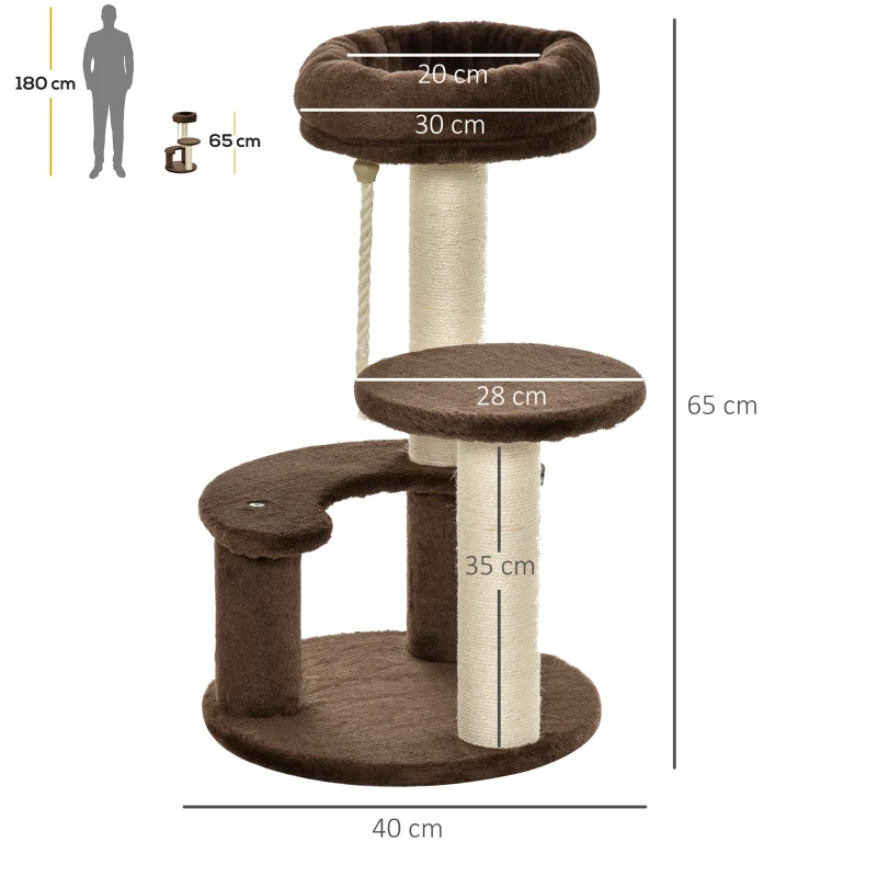 PawHut Albero Tiragraffi per Gatti a 3 Livelli con Lettino in Peluche e Pali in Sisal, Ø40x65 cm, Marrone