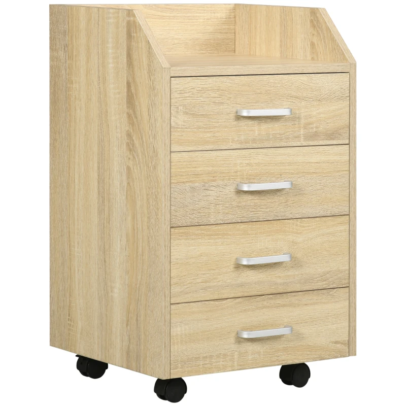 Vinsetto Cajonera de Escritorio con Ruedas, Cajonera de Oficina con 4 Cajones, Archivador Móvil para Estudio, Salón, para Debajo del Escritorio, 40x36x65 cm, Natural