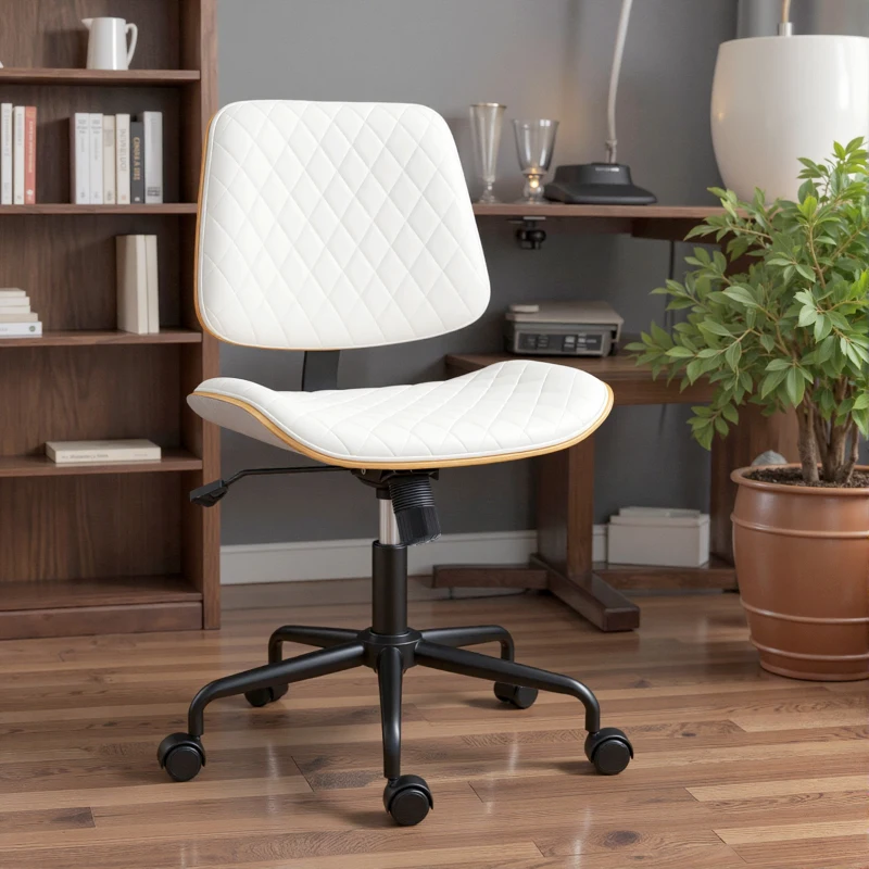 HOMCOM Cadeira de Escritório sem Braços Giratória Estofada em Couro Sintético com Encosto Curvado Assento em Forma de U Altura Ajustável Basculante 48,5x53x88-98 cm Branca