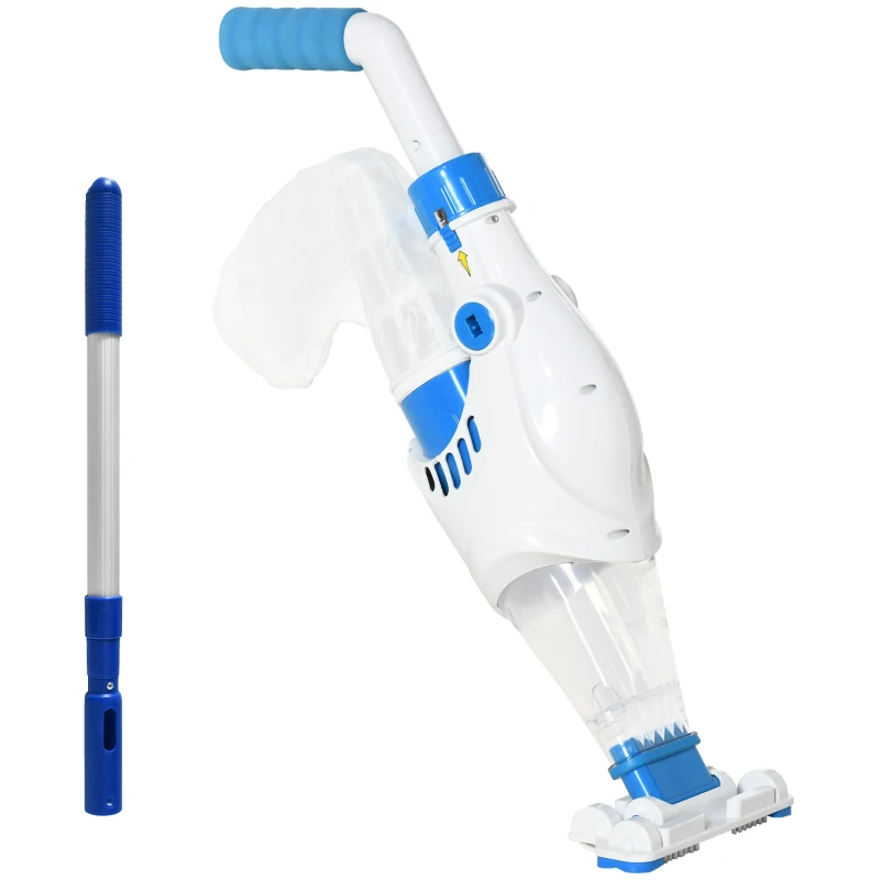 Outsunny Aspirador Limpador para Piscina Elétrico Autonomia de 45 Minutos com Poste Telescópico 54-113cm Escova e Bolsa de Malha para Piscinas Spas 161x20x17cm Azul e Branco