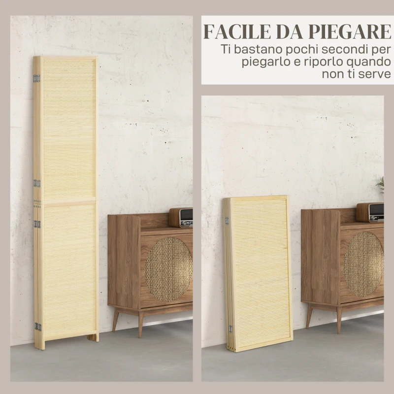 HOMCOM Paravento per Interno Pieghevole a 4 Ante, Divisorio in Bambù di Rattan, 180x1.6x180 cm
