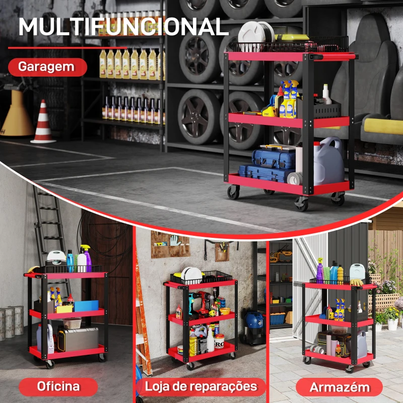 HOMCOM Carrinho de Ferramentas com 3 Prateleiras Rodas e Alças para Garagem Mecânica Casa Carga 120 kg Vermelho e Negro