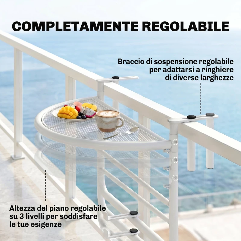 Outsunny Tavolino da Ringhiera Pieghevole con 3 Altezze Regolabili in Metallo, 60x47x50cm, Bianco