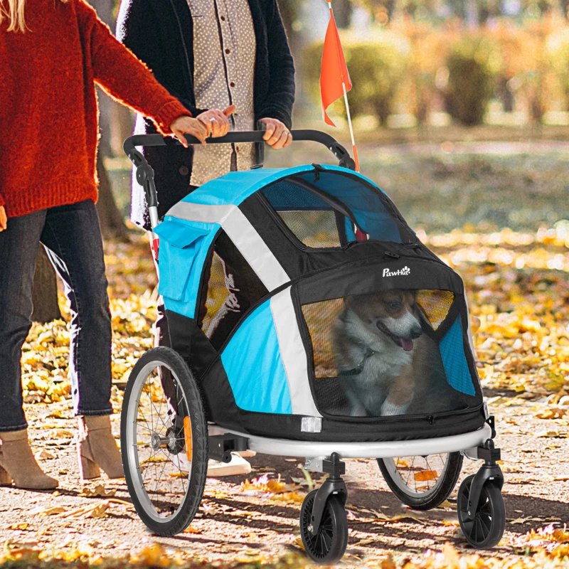 PawHut Reboque de Bicicleta para Cães Dobrável 2 em 1 Carrinho para Cães de Alumínio com Guiador Ajustável Bandeira e 6 Refletores Carga Máxima 40kg 150x82x98cm Azul