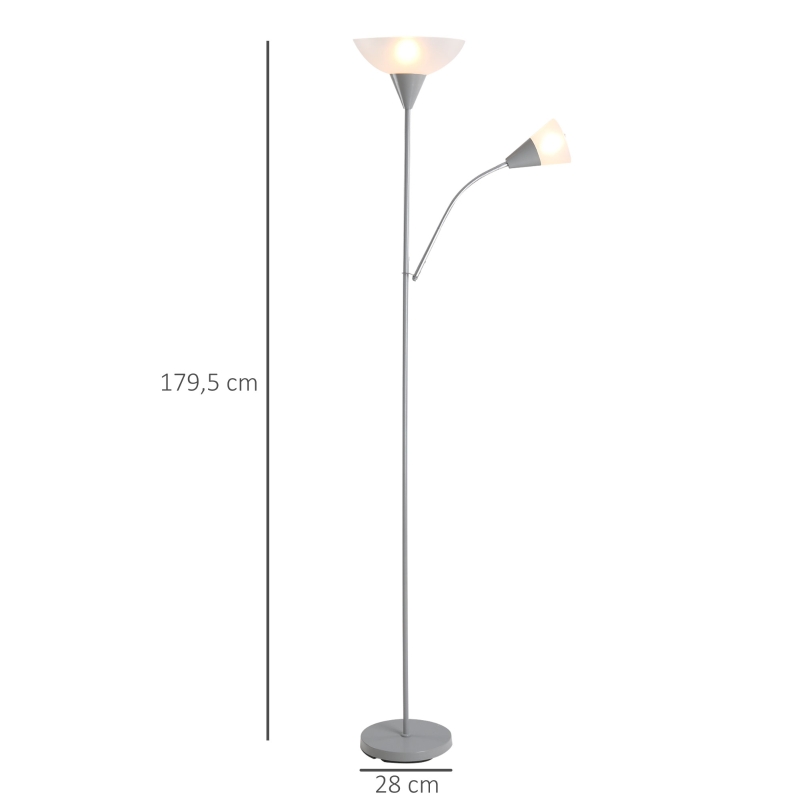 HOMCOM moderne staande lamp 2 koppen verstelbare leeslamp, vloerlamp, ontwerp met dubbele kop en stalen voet, zilver, wit, 28 x 28 x 179,5 cm