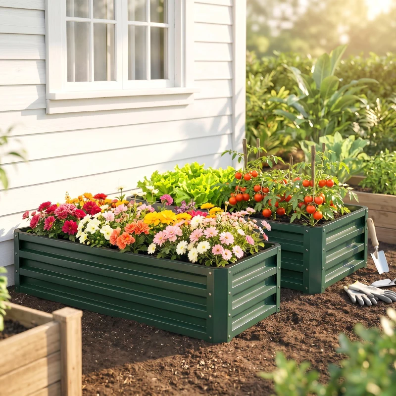 Outsunny Metalen verhoogde plantenbak 2-delig, open bodem, voor tuin en balkon, 110x50x30cm, groen(m-9)