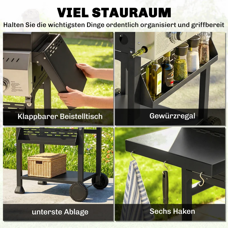 Outsunny Gasbarbecue 9 kW 3 Branders BBQ Grillwagen Roestvrij Staal incl. Uitklapbare Zijtafels Kruidenrek Onderrek 6 Haken