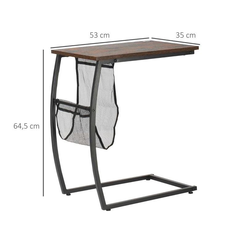 HOMCOM Mesa Auxiliar para Sofá y Cama Mesita Auxiliar Pequeña en Forma de C con Bolsillo de Almacenaje Estilo Industrial para Salón 53x35x64,5 cm Marrón Rústico