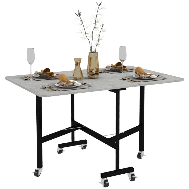 HOMCOM Tavolo Pieghevole a Ribalta per 4-6 Persone con 6 Rotelle, in Legno e Acciaio, 120x80x73 cm, Grigio