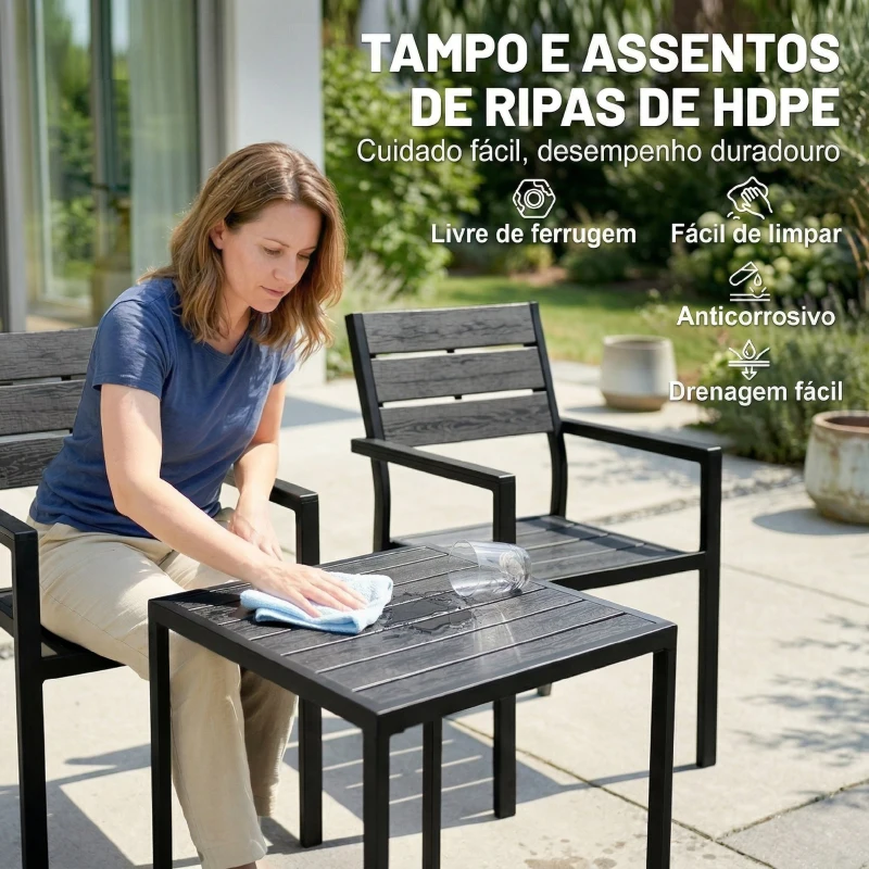 Outsunny Conjunto de Jardim de 3 Peças com 2 Cadeiras e Mesa de HDPE Design com Ripas Efeito Madeira para Varanda Preto