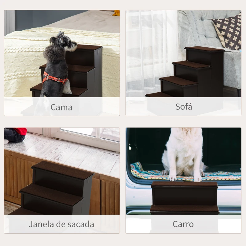 PawHut Escada para Animais de Estimação de 4 Degraus Escada para Cães e Gatos com Tapetes Antideslizantes Removíveis 40x59x54,2 cm Marrom Escuro