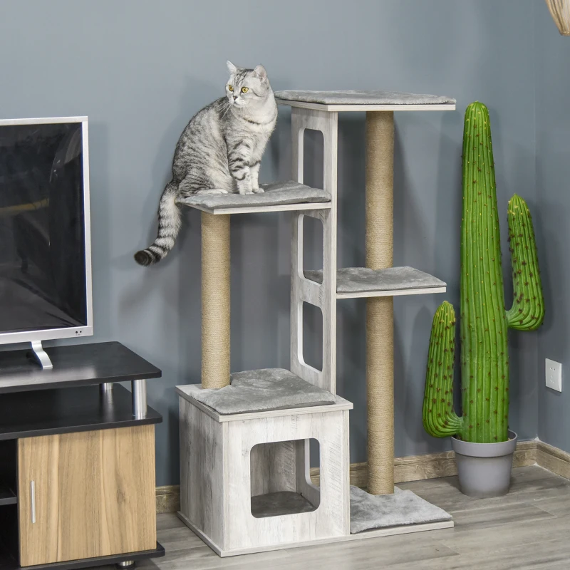 PawHut kattenboom krabpaal kattenmeubel, activity center klimrek pluche grijs