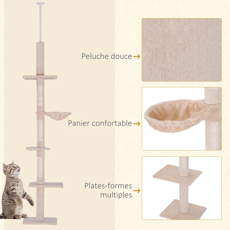 PawHut Arbre chat du sol au plafond poteau à griffer L40 x l 34 x H 230-260 cm 5 niveaux d'activités beige