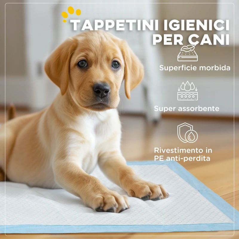 PawHut Set 80 Tappetini Igienici per Cani a 6 Strati in Tessuto non Tessuto, Carta e PE, 60x60 cm, Blu e Bianco