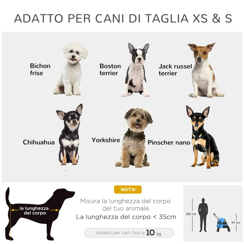 PawHut Passeggino per Cani Pieghevole con Tettuccio Regolabile e Ruote Girevoli, 82x47x97cm, Blu