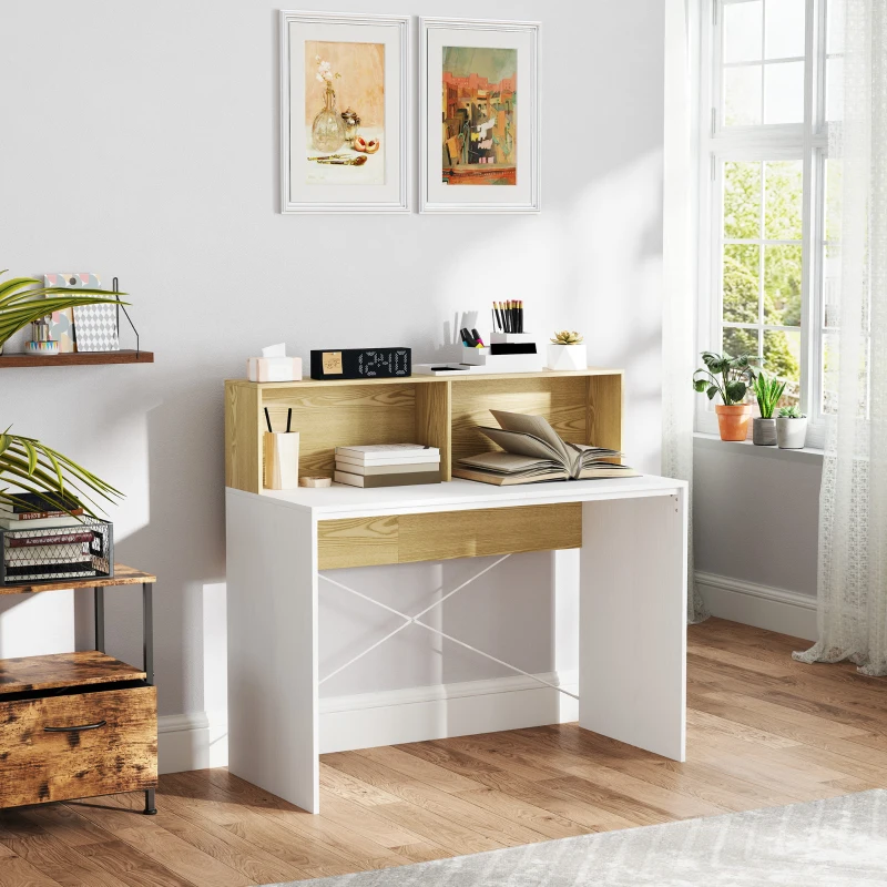 HOMCOM Secretária 110x50x102,6 cm Mesa de Escritório com 2 Compartimentos Abertos e Prateleira Branco e Madeira