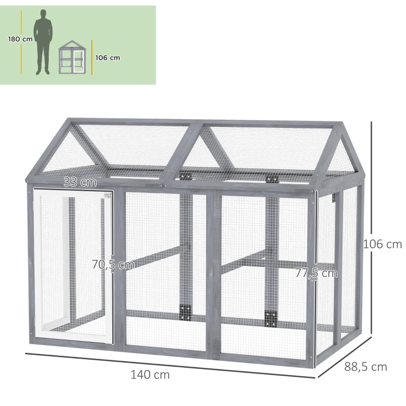 PawHut Enclos poulailler 1,18 m², parc grillagé avec porte verrouillables, cadre en bois massif, 140 x 88,5 x 106 cm, gris