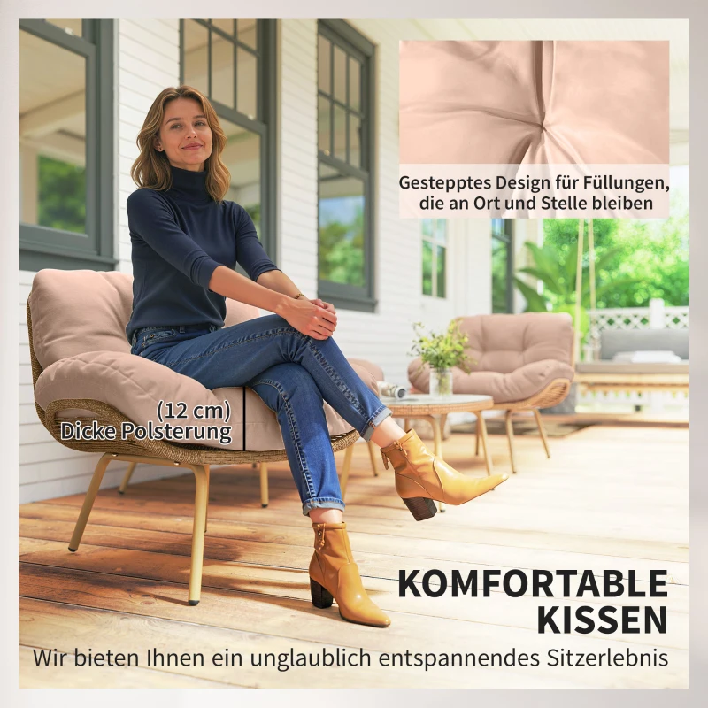 Outsunny Gartenmöbel Set 4-teilig Polyrattan Lounge-Set mit Zweisitzer 2 Sessel Tisch Tiefem Sitz Dicke Kissen