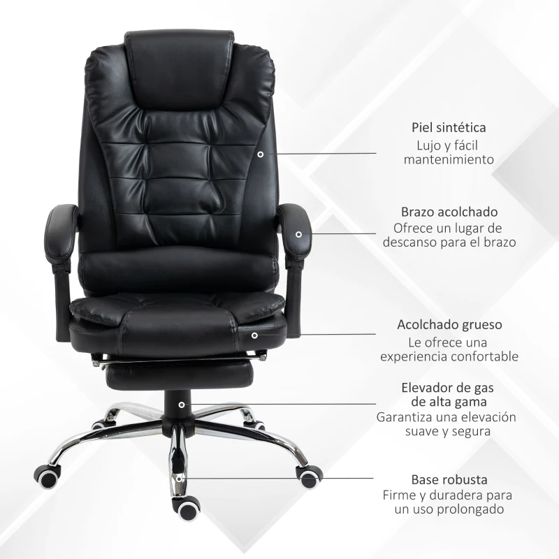 HOMCOM Silla de Escritorio con Reposapiés Silla Ejecutiva Giratoria con Altura Ajustable Tapizada en PU y Reposabrazos Negro