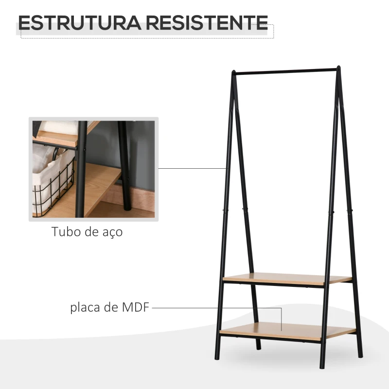HOMCOM Suporte para Cabides com 2 Prateleiras de Armazenamento Barra para Pendurar e Estrutura de Aço 64x42,5x149 cm Preto