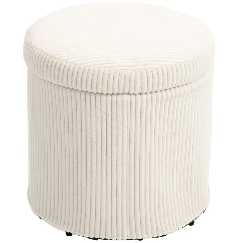 HOMCOM 40cm Round Storage Ottoman, Corduroy Footstool with Removable Lid and Legs, Vanity Stool for Living Room, Bedroom, Beige