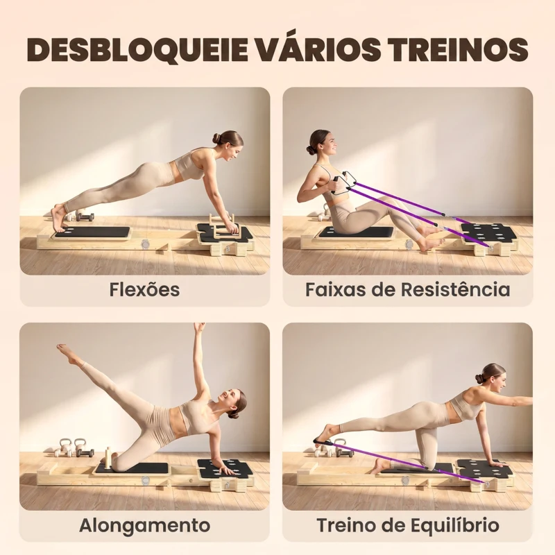 SPORTNOW Mini Reformer Pilates com Bandas de Resistência Pegas Roda Abdominal para Treino de Corpo Completo 165x80x10 cm Madeira