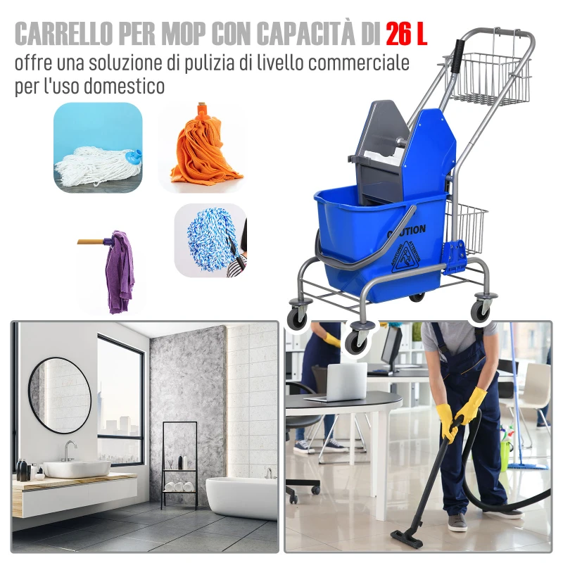 HOMCOM Carrello delle Pulizie Professionale con Secchio da 26L per Mocio, Strizzatore e Cestini a Rete, Blu