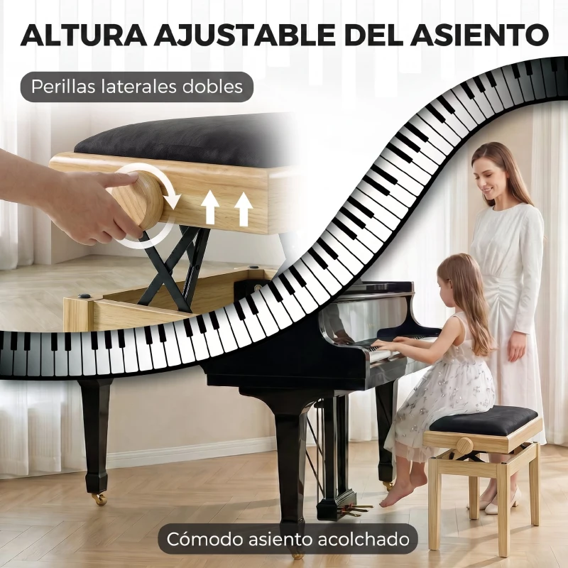 HOMCOM Banco para Piano Ajustable Altura 45-56 cm Banqueta para Piano Acolchada de Terciopelo Patas de Madera Madera Natural