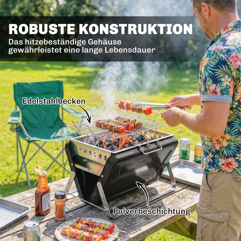 Outsunny Holzkohlegrill aus Edelstahl BBQ Smoker mit Grillrost Griff klappbaren Beinen für Barbeque Camping 40x28x25,5cm Schwarz