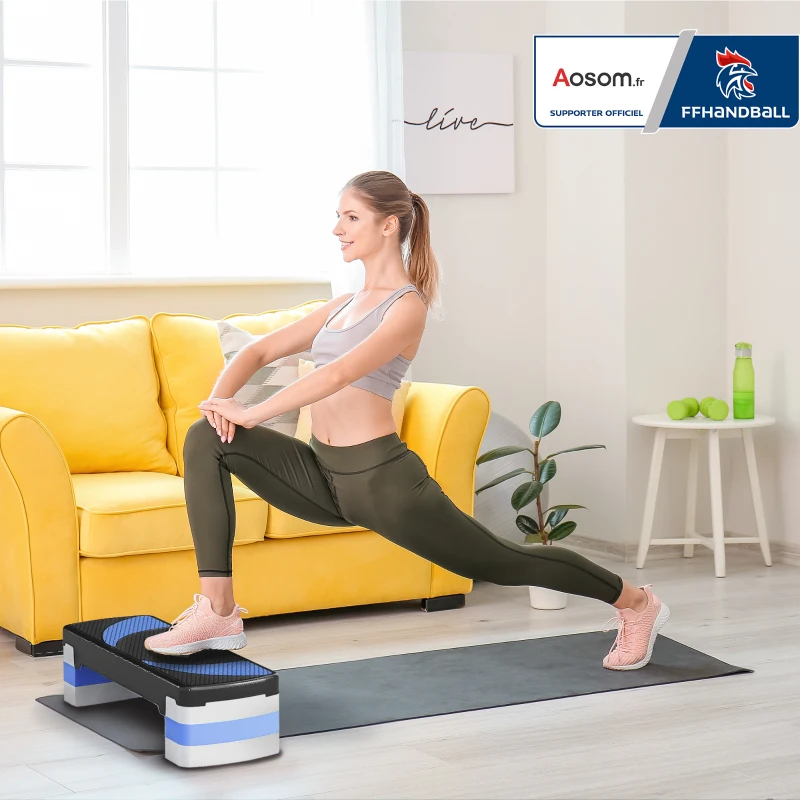 Stepper Fitness Aerobic - Aosom.fr x FFHandball - hauteur reglable surface antiderapante 80 x 31 x 20 cm noir bleu