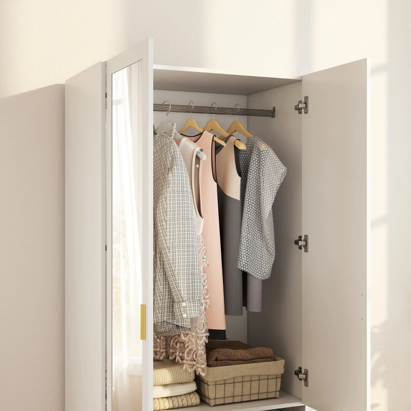 HOMCOM Roupeiro com  2 Portas e 2 Gavetas Armário Roupeiro com Espelho Barra para Pendurar Estilo Moderno 80x50x180 cm Branco