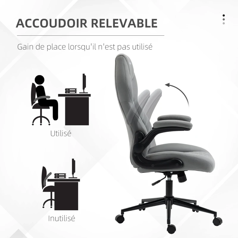 Vinsetto Fauteuil de bureau à roulettes chaise manager ergonomique pivotante hauteur réglable accoudoirs relevables gris