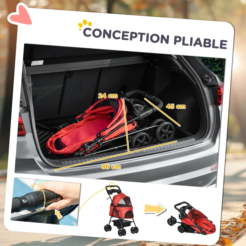 PawHut Poussette buggy pliable chien chat panier rangement porte-gobelets tissu 300D Oxford imperméable 4 roues rouge