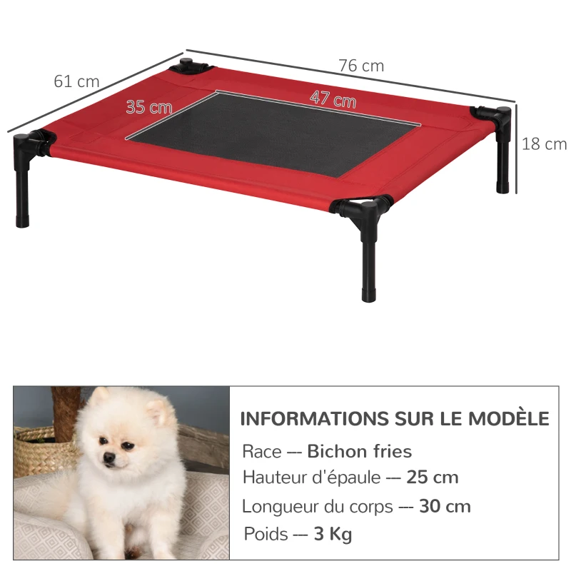 PawHut Lit surélevé pour chiens chats animaux de compagnie tissu oxford textilène micro-perforé 76 x 61 x 18 cm rouge et noir