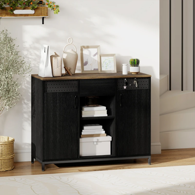 HOMCOM Aparador de 2 Portas com Orifícios 2 Compartimentos e Gaveta Prateleiras Ajustáveis 100x40x80 cm Preto e Castanho Rústico