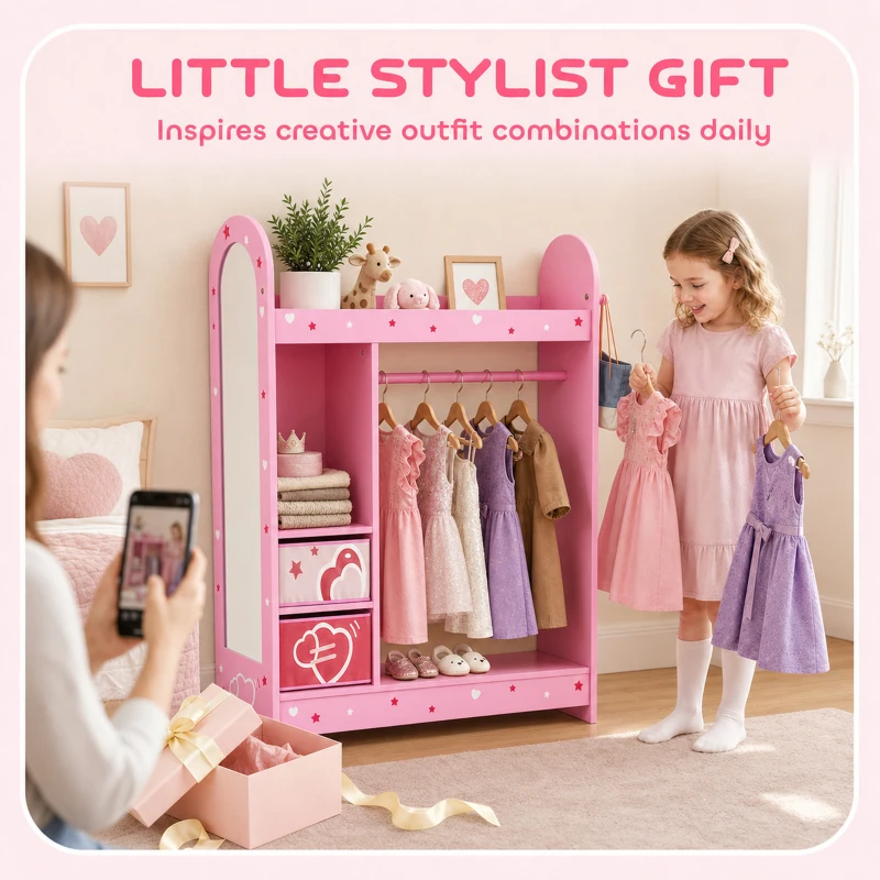 AIYAPLAY Kids Clothes Rail, Kids Wardrobe with Mirror, Shelves, Fabric Storage and Hooks for Bedroom, Nursery, Pink