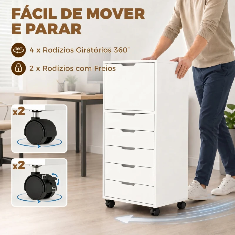 HOMCOM Gaveteira de Escritório com 5 Gavetas, Armário com Fecho Suave, Rodas e Suporte para Impressora, Branco