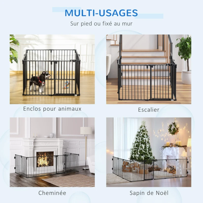 PawHut Barrière de Sécurité pour Cheminée, Parc Enclos Chien Pliable Modulable 8 Panneaux avec Porte, sans Perçage