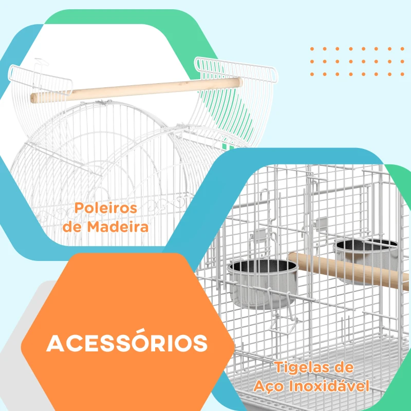 PawHut Gaiola para Pássaros com Rodas Bandeja Amovível Prateleira 2 Comedouros de Aço Inoxidável e Poleiro 51x51x153 cm Branco