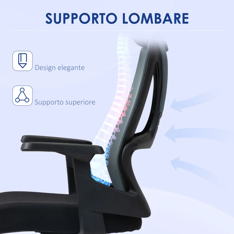 HOMCOM Sedia da Ufficio con Supporto Lombare e Poggiatesta, Seduta Girevole con Altezza Regolabile, Nero