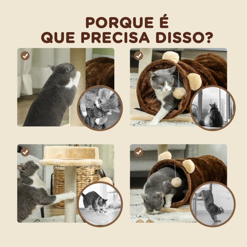 PawHut Arranhador para Gatos com Túnel Cama Plataforma Bola Suspensa e Poste de Juta 45x40x47 cm Marrom Escuro
