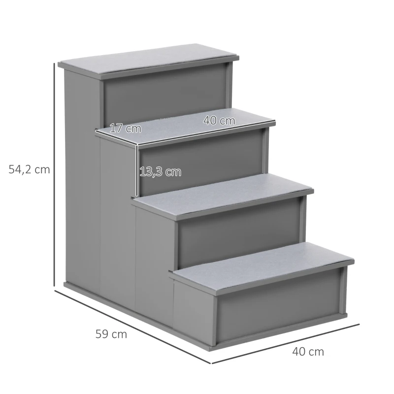 PawHut Huisdiertrap, voor honden/katten, 4-traps, Kort pluche, tot 30 kg, 40 x 59 x 54,2 cm, Grijs