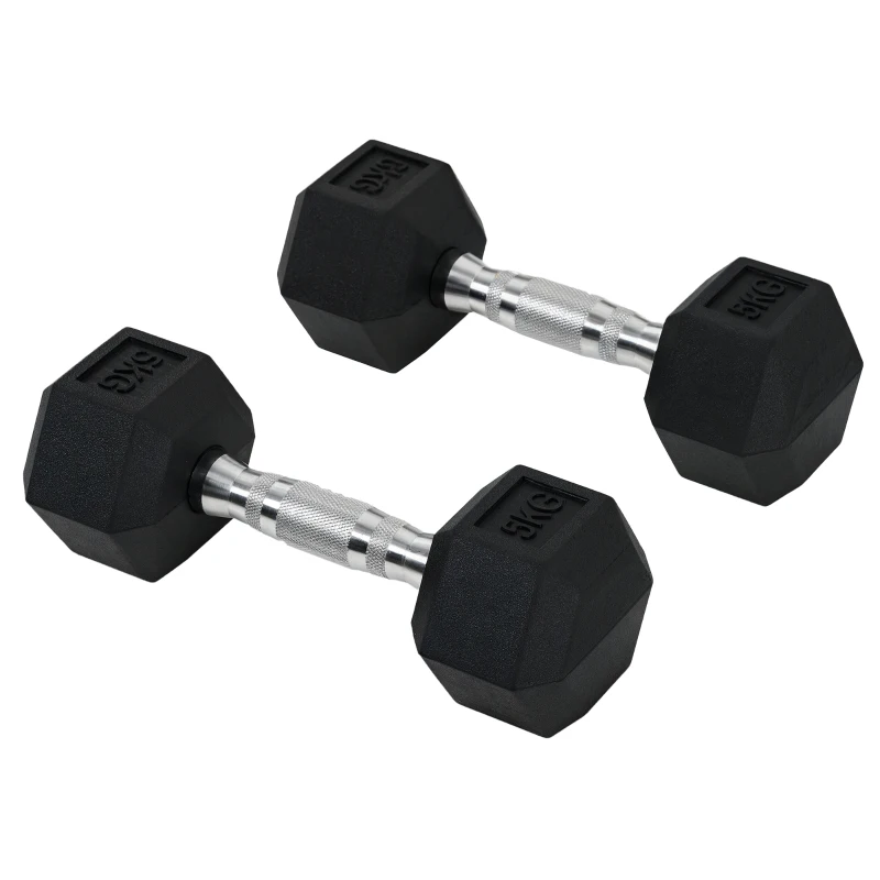 HOMCOM hexagon dumbbells set van 2 gietijzeren dumbbells handvat gekartelde dumbbell set dumbbell set gewichten metaal rubber zwart 2 x 5 KG(m-11)