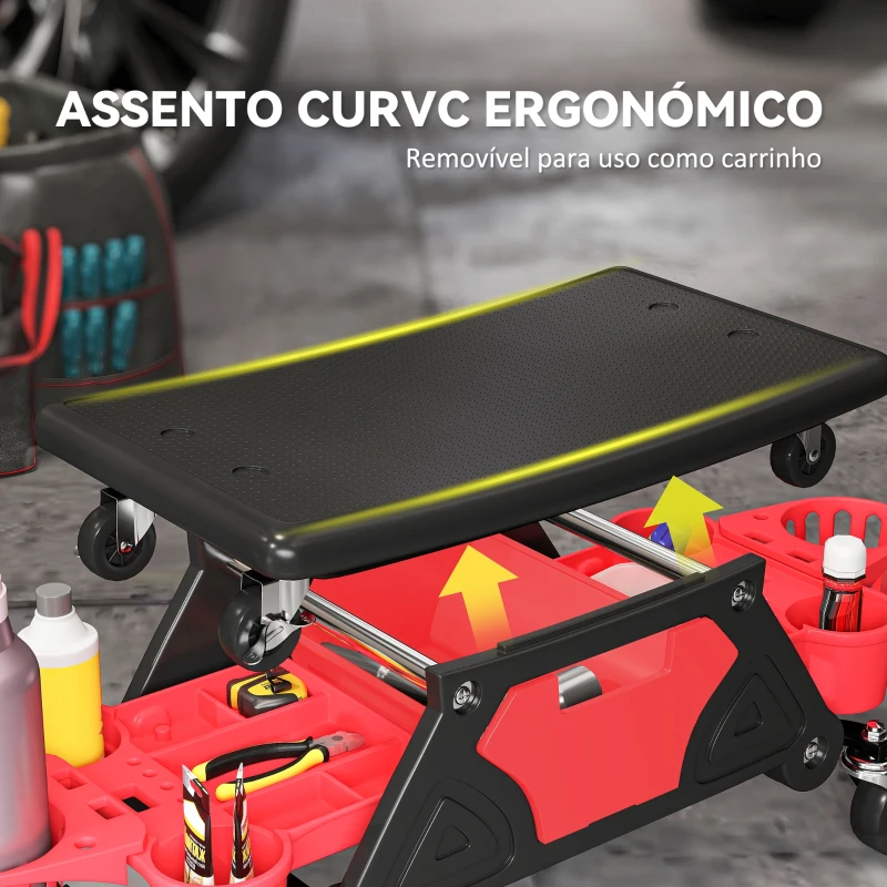 HOMCOM Banco de Trabalho Giratório com Rodas Altura Ajustável Banco Mecânico com 2 Bandejas para Ferramentas e Gaveta 86x33x33 cm Vermelho