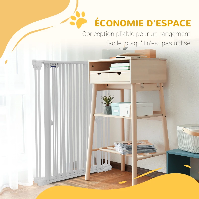 PawHut Barrière pour chien en acier à 3 panneaux pliante double verrouillage et porte intégrée pour porte et escalier blanc