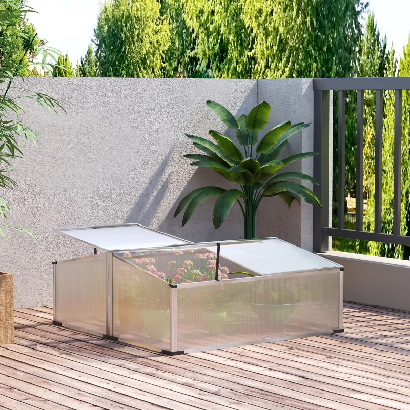 Outsunny Aluminium Cold Frame Greenhouse, Polycarbonate Grow House with Independent Opening Tops for Flower, Vegetable, Plants, 120 x 100 x 41cm, Silver